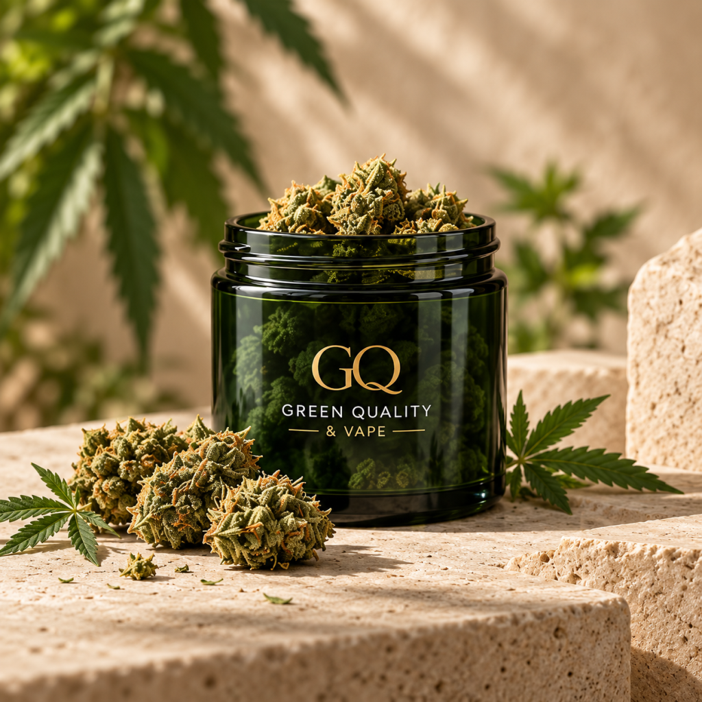 Green Quality — fleurs et pot en verre